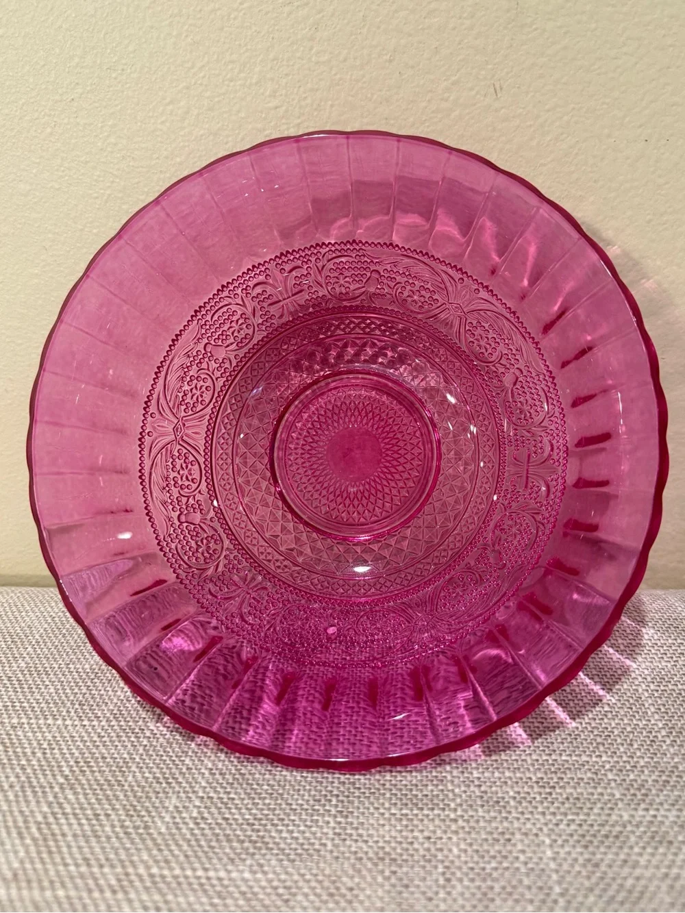 Vintage Pressed Glass Fruit Berry Bowl Cranberry Pink Scalloped Edge